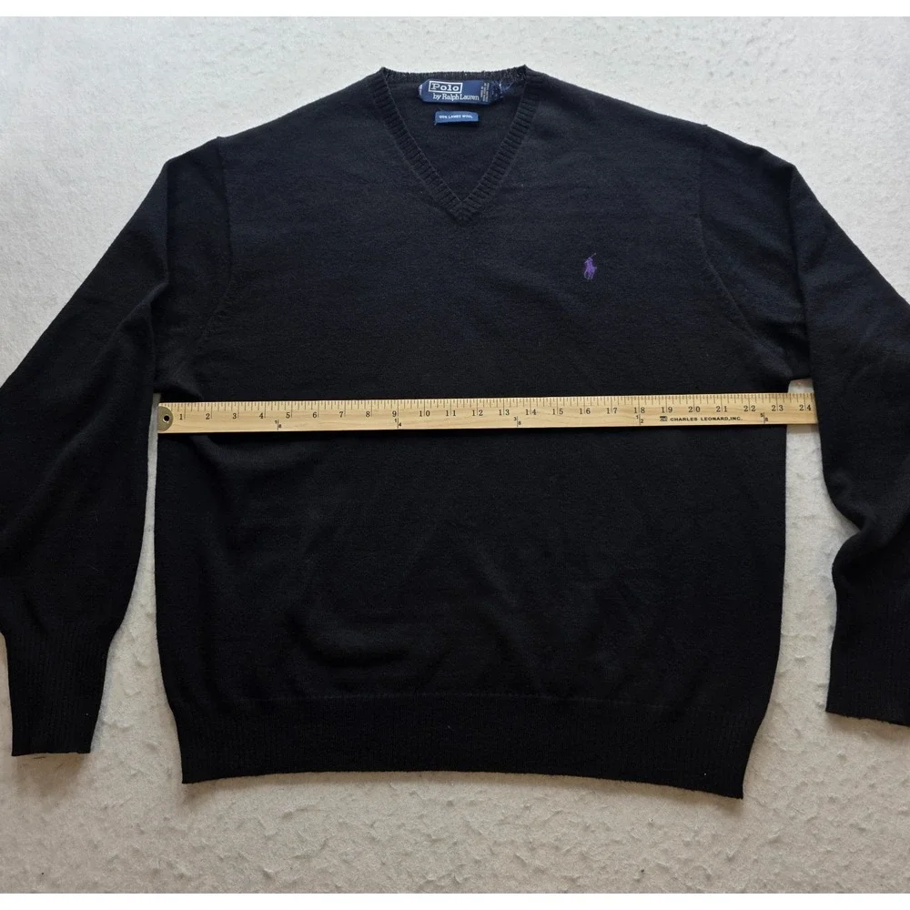 Polo Ralph Lauren Men's Black w Purple Pony Lambs Wool V-Neck Sweater. Size L